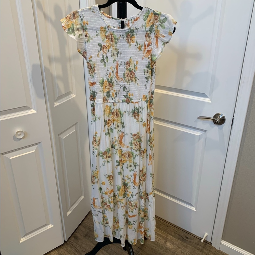 White midi dress with yellow florals